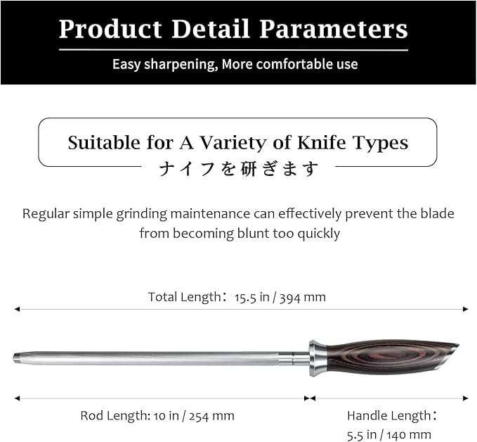 Honing Rod,10 Inch Professional Kitchen Knife Sharpener Rod, Japanese High Carbon Knife Sharpening Steel with Ergonomic Pakkawood Handle, Ideal for All Chef Knives