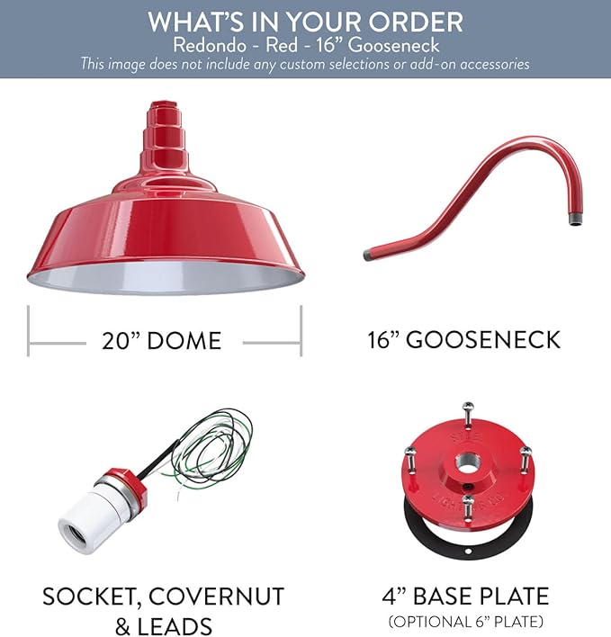 Steel Lighting Co. Redondo Barn Light | Outdoor Wall Mounted | 20 inch Dome | 16 inch Gooseneck | Large Farmhouse Warehouse Light Made in America | Red Exterior/White Interior