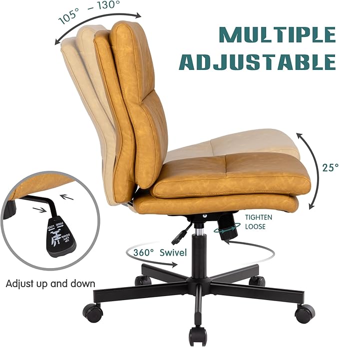 LUCKWIND Armless Office Desk Chair with Wheels, Double Padded PU-Leather Chairs, Mid-Back Criss Cross Swivel Task Chair, Height Adjustable Cushioned Vanity Chair for Home, Office & Bedroom (Yellow)