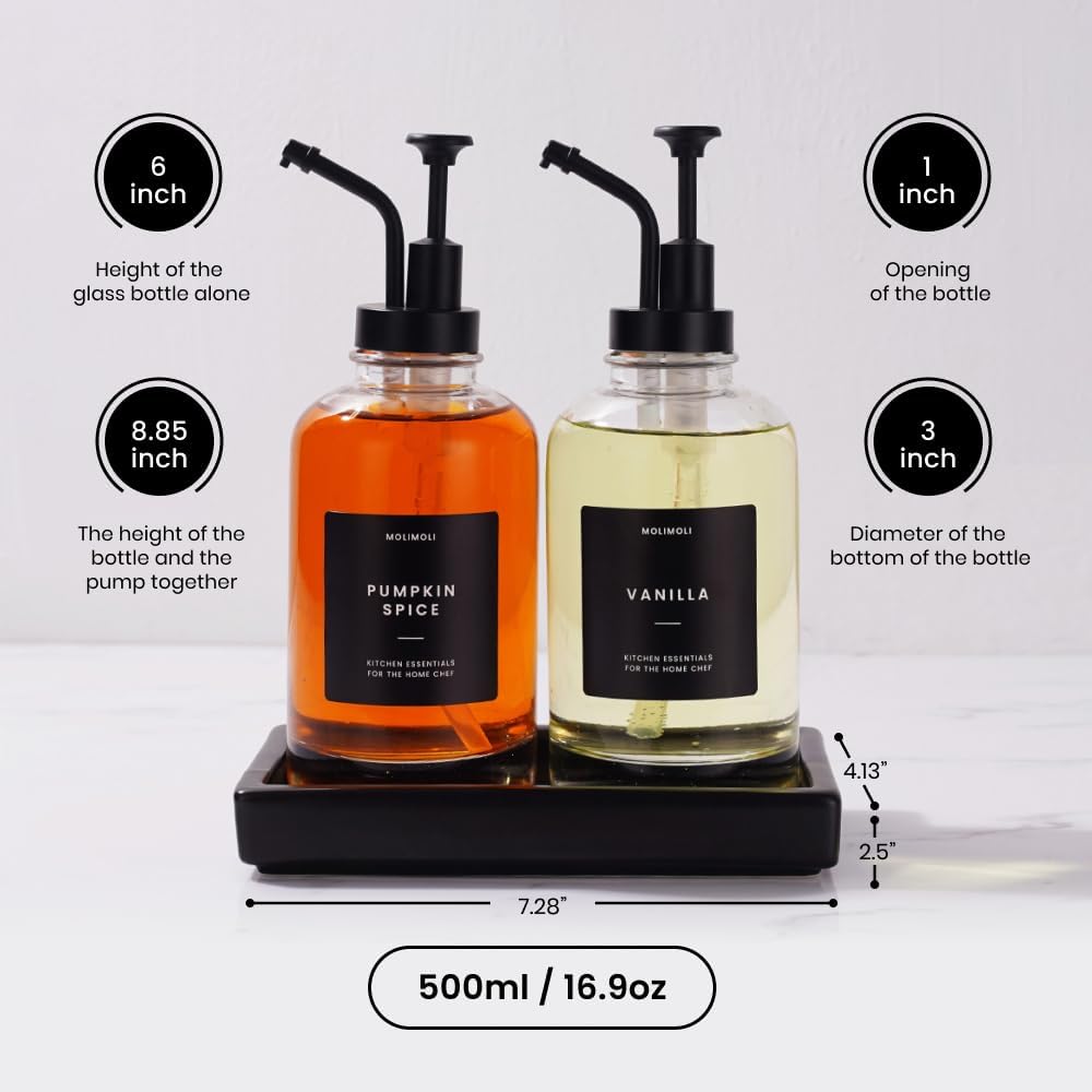 Molimoli Coffee Syrup Dispenser - Glass Bottle with Pump, Maple/Coffee Syrup, Labels and Tray