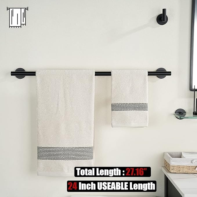 JQK Black Towel Bar, 27 Inch 304 Stainless Steel Thicken 0.8mm Towel Rack Bathroom, Towel Holder Matte Black Wall Mount, Useable Length 24 Inch, TB110L24-PB
