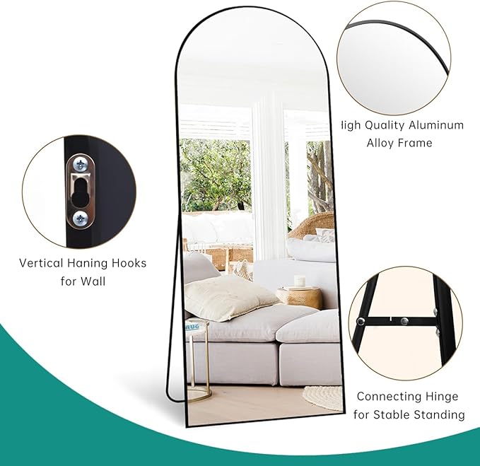 TinyTimes 71''x30'' Oversized Arched Full Length Mirror Large Full Body Floor Mirror with Stand for Hanging, Big Full Size Long Mirror with Aluminum Frame for Bedroom, Living Room (Black)