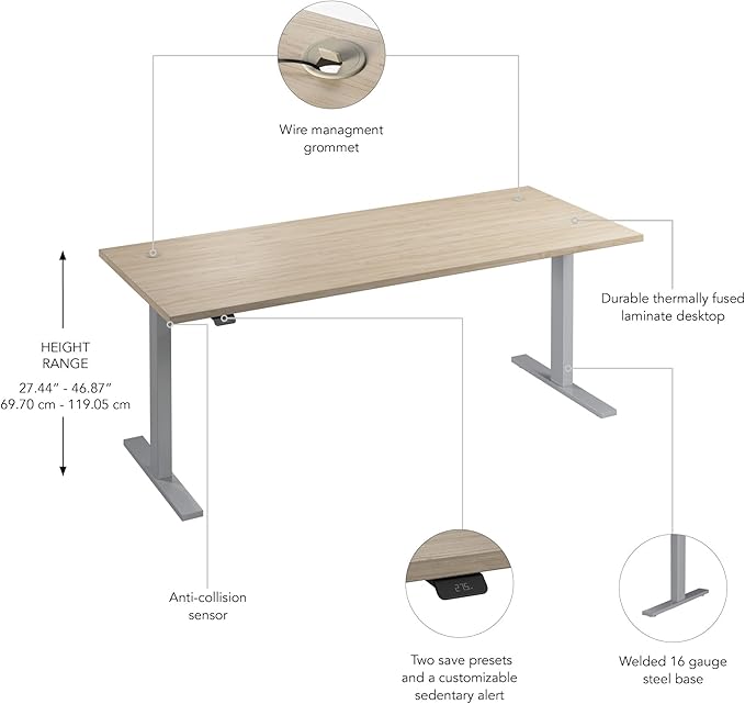 Bush Business Furniture Move 60 Series 72W x 30D Electric in Natural Elm with Silver Base, Ergonomic Sit-Stand Computer Table for Home and Professional Office