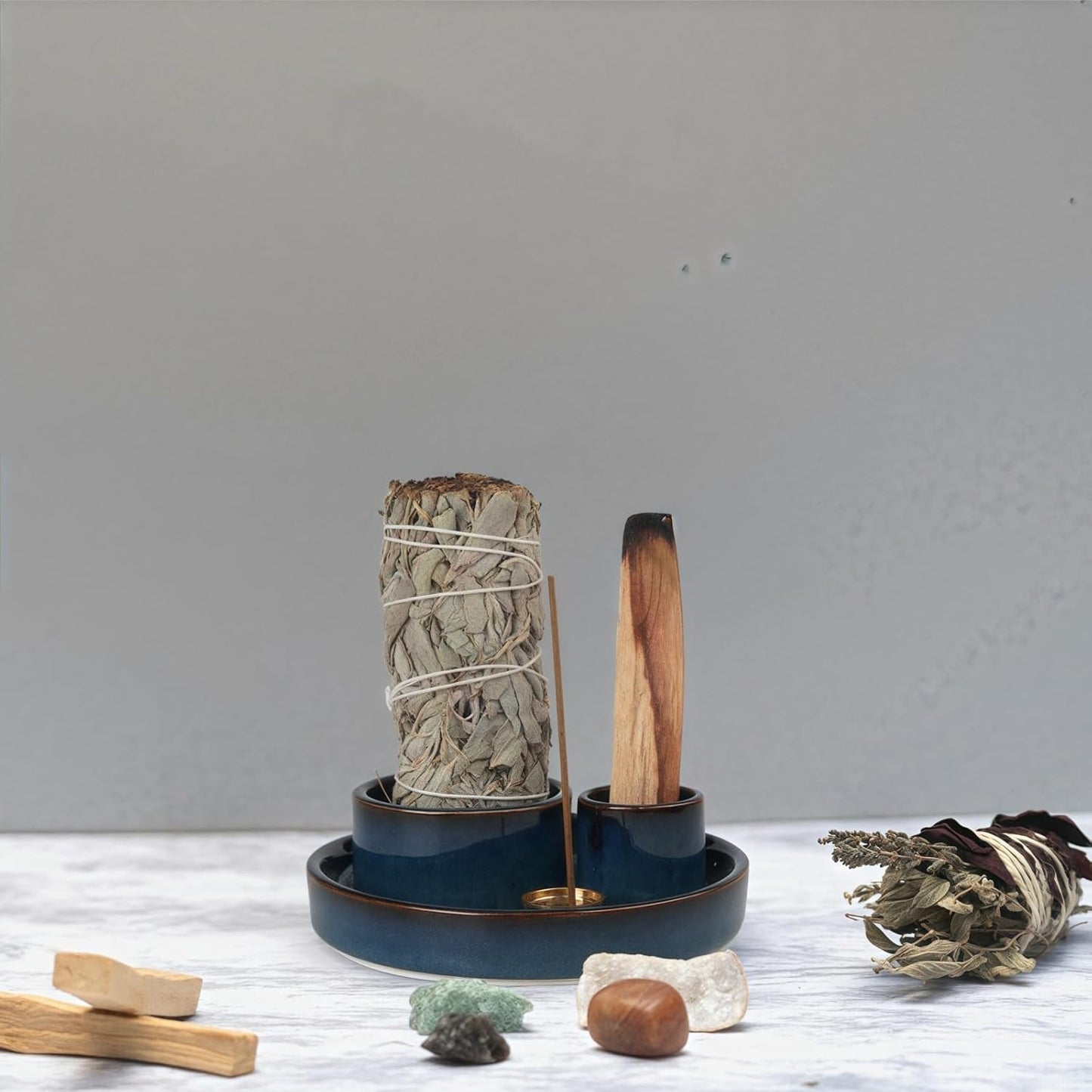 4 in 1 Incense Holder, Palo Santo Stick Holder,Sage Holder for Burning- 4.25" Sage Incense Holder for Meditation Room Home Decor (Blue Reactive)