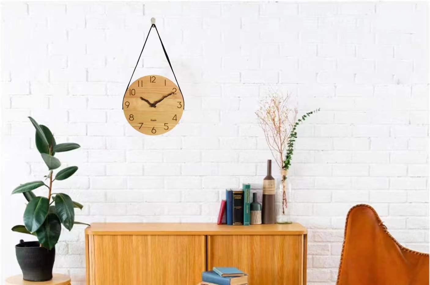 Kesin Wooden Wall Clocks 10 inch Silent Wall Clock Battery Operated Hand Made Round Farmhouse Clock with Rope Hanging Home Decor for Kitchen, Living Room, Bedroom, Office (Nature)