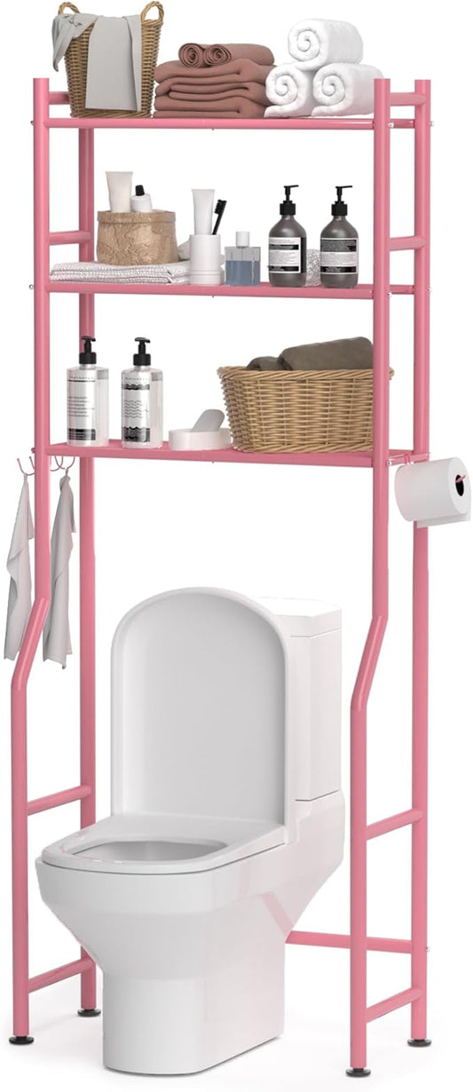 3-Tier Over The Toilet Storage, Space Saver Metal Bathroom Shelves, Freestanding Above Over Toilet Storage Shelf with 4 Hooks for Bathroom, Pink