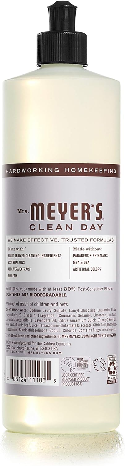 MRS. MEYER'S CLEAN DAY Liquid Dish Soap, Cruelty Free Formula, Lavender Scent, 16 oz- Pack of 6
