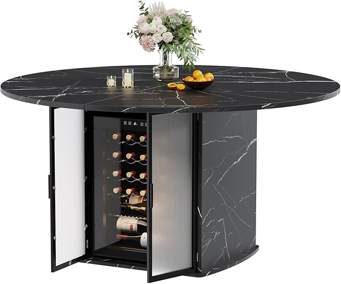 IBF Black Round Dining Table with Fridge Space, 47" Faux Marble Dining Room Table for 4-6, Modern Kitchen Tables with Storage Shelf, Circle Wood Dinner Tables for Home, Black Marble, Only Table