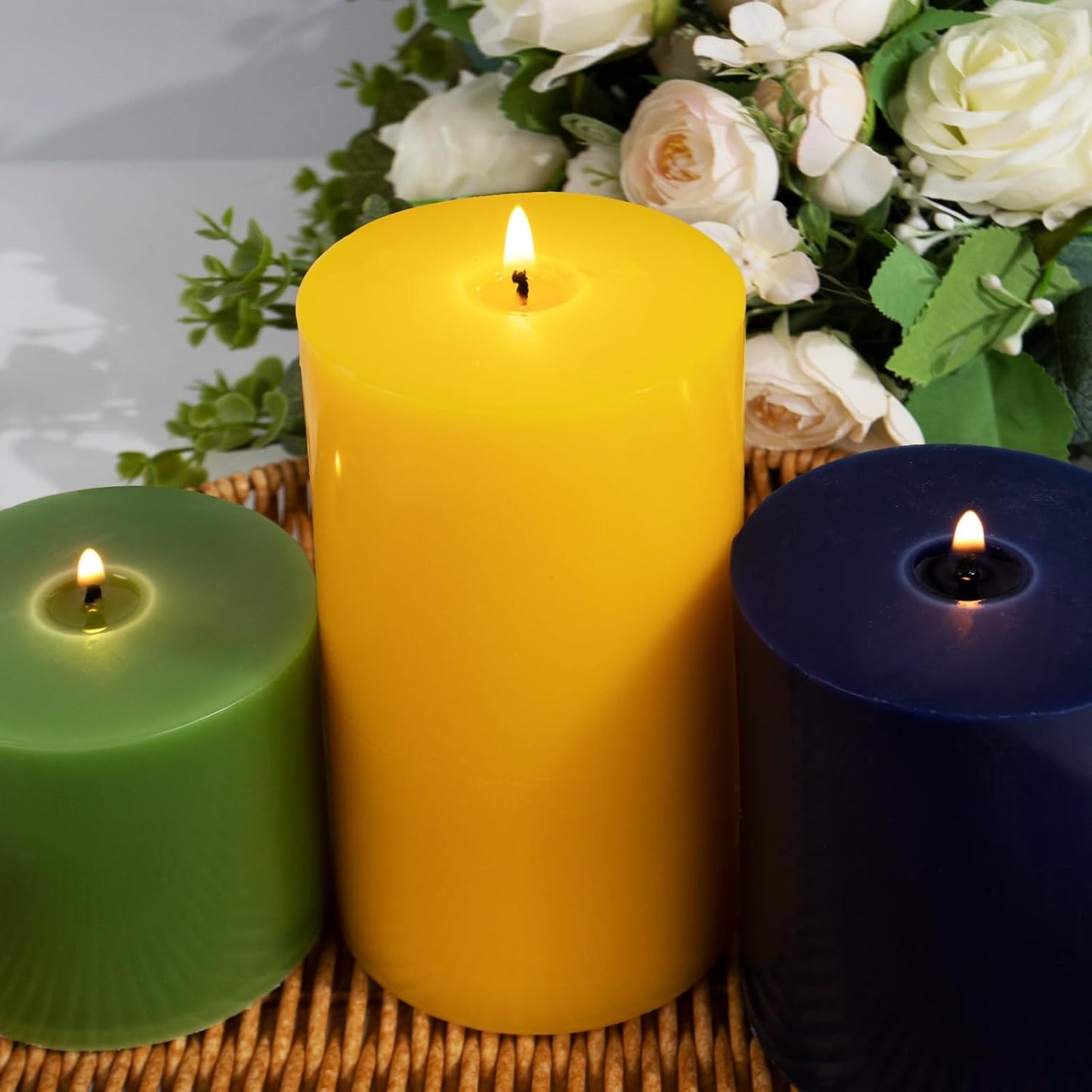 KONNI Navy Blue Pillar Candles Set of 3, 3"x 4" Unscented Pillar Candles Bulk, 39 Hours Long Burning Candles, Smokeless&Dripless Large Round Candle for Wedding, Home Decoration, Parties, Spas, Dinner