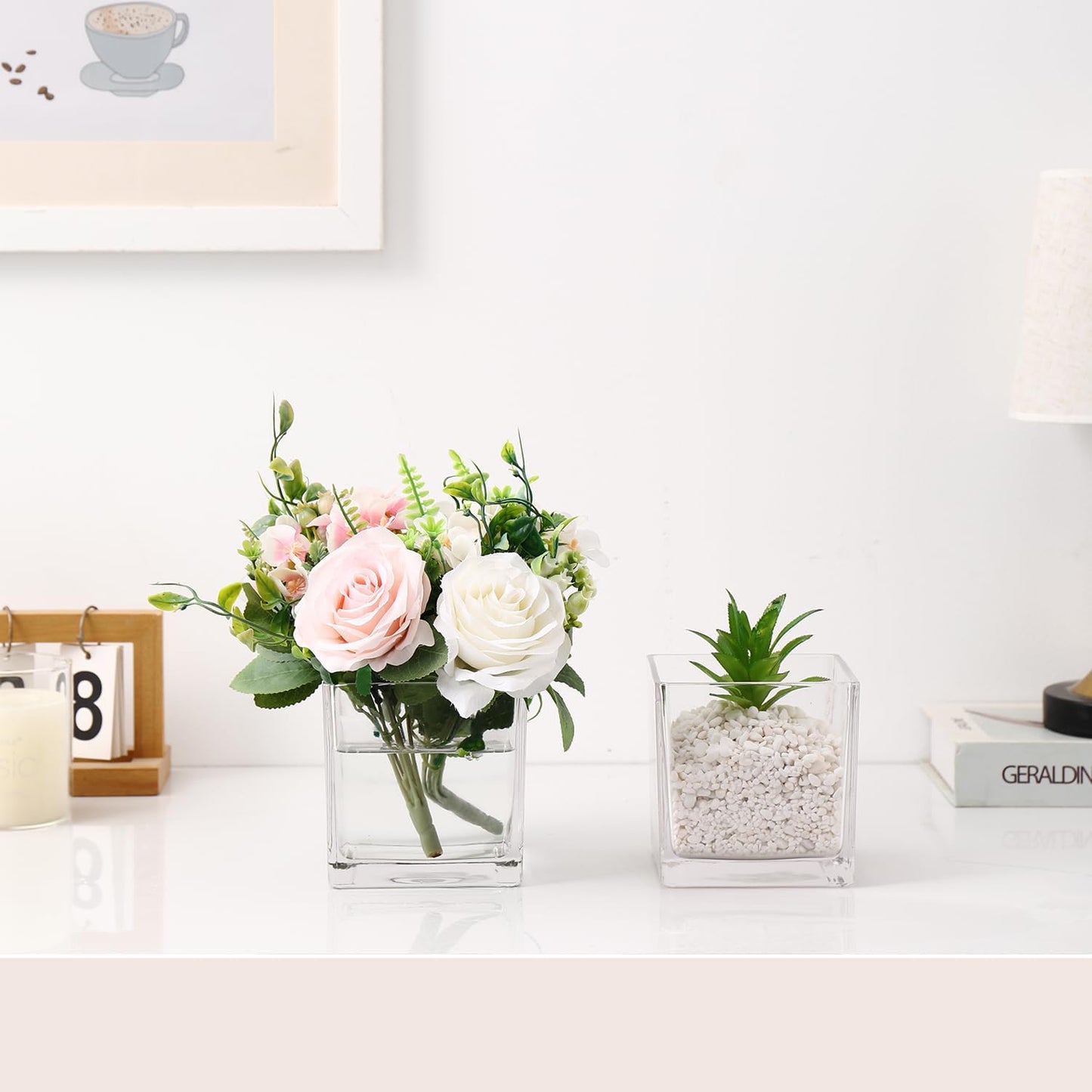 Square Glass Vases Set of 4, 4"x 4"x 4" Flower Vases for Centerpieces, Clear Glass Vase for Flowers, Small Vase for Wedding, Party, Home Office Decoration