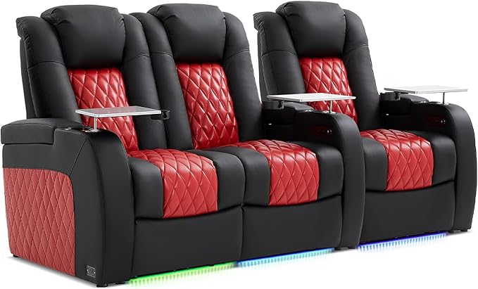 Home Theater Seating, Top Grain Leather Movie Seats Recliner Chair, Zero Gravity Reclining Gaming Sofa with Power Headrest 7 Colors Ambient Lighting 3 Seats Loveseat Left Black Dark Red