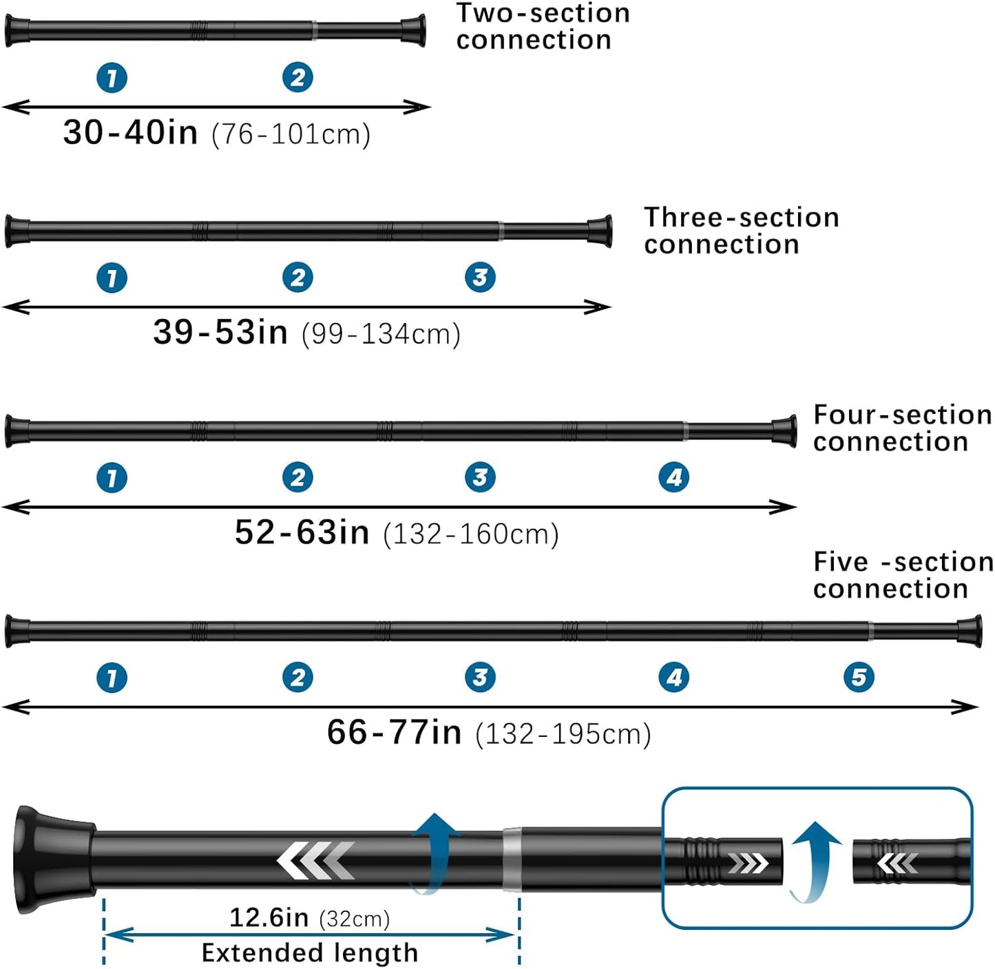 AIZESI Black Adjustable Tension Shower Curtain Rod, 31-77 Inch Spring No Drill Stainless Steel Shower Rods for Bathroom，Closet ，Window–Rust Resistant，Non-Slip