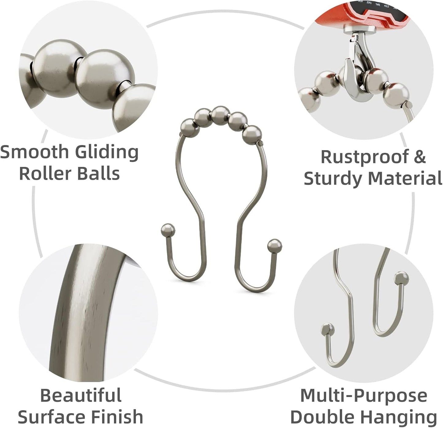 Shower Curtain Hooks Brushed Nickel Shower Curtain Rings Rust Proof, Bathway Balanced Smooth Glide Double Shower Curtain Hooks, Sturdy Shower Hooks for Shower Curtain 12 Pcs Shower Rod Hooks