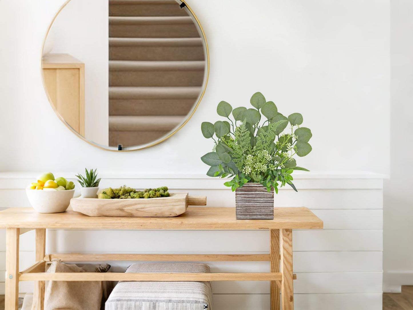 Hollyone 2Pcs Artificial Eucalyptus Plant in Rustic Wood Planter 14" Faux Eucalyptus Fern Greenery Arrangement Potted Plant Centerpiece for Farmhouse Home Indoor Wedding Table Shelf Kitchen Decor