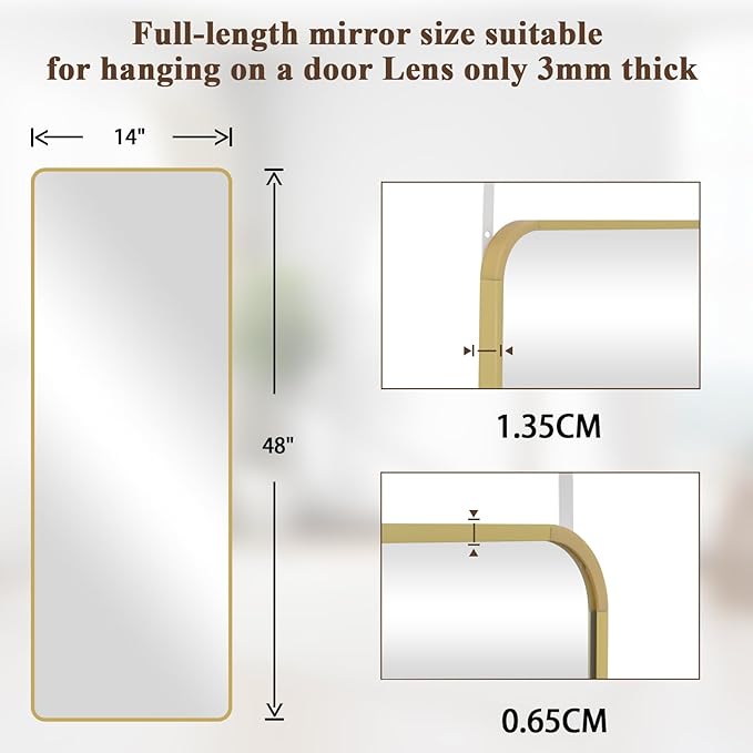 14"x48" Full Length Over The Door Mirror - Aluminum Alloy Frame Full Body Mirror with Height-Adjustable Hangers, Hanging Leaning Against Wall for Dorm, Gold