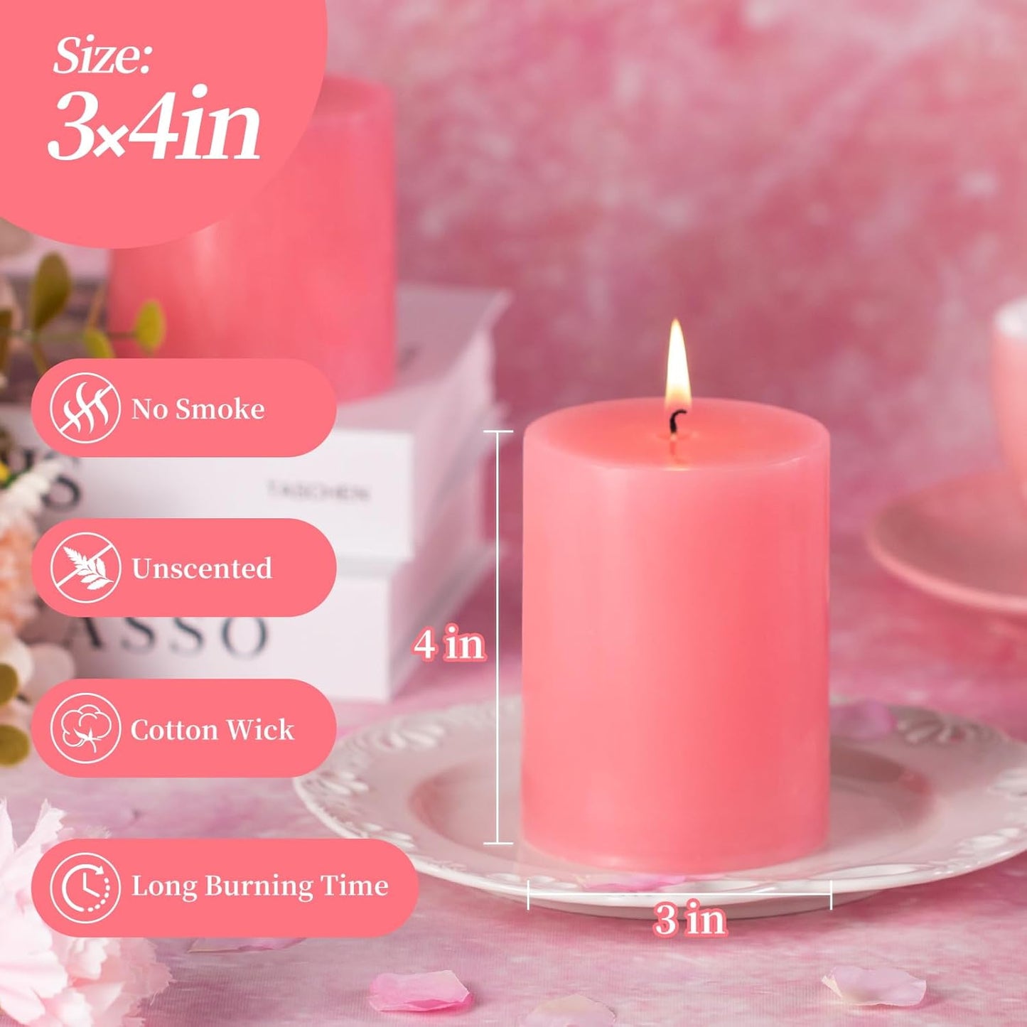 KONNI Pink Pillar Candles Set of 3, 3"x 4" Unscented Pillar Candles Bulk, 39 Hours Long Burning Candles, Smokeless&Dripless Large Round Candle for Wedding, Home Decoration, Parties, Spas, Dinner