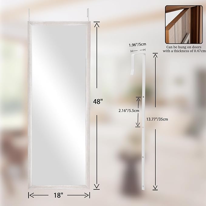 18x48 inch Over Door Mirror Wooden Frame, Full Length Hanging Mirror with Durable and Space-Saving Design for Bedroom, Bathroom, or Closet, Adjustable Height Hooks, White