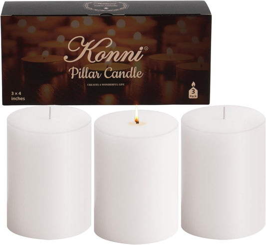 KONNI White Pillar Candles Set of 3, 3"x 4" Unscented Pillar Candles Bulk, 39 Hours Long Burning Candles, Smokeless&Dripless Large Round Candle for Wedding, Home Decoration, Parties, Spas, Dinner