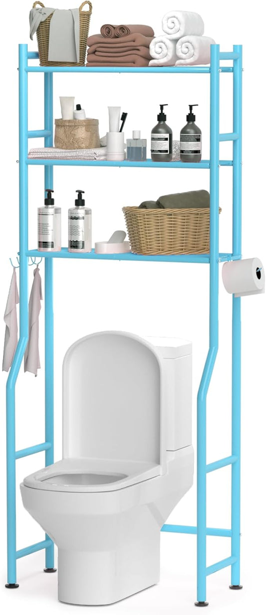 3-Tier Over The Toilet Storage, Space Saver Metal Bathroom Shelves, Freestanding Above Over Toilet Storage Shelf with 4 Hooks for Bathroom, Blue