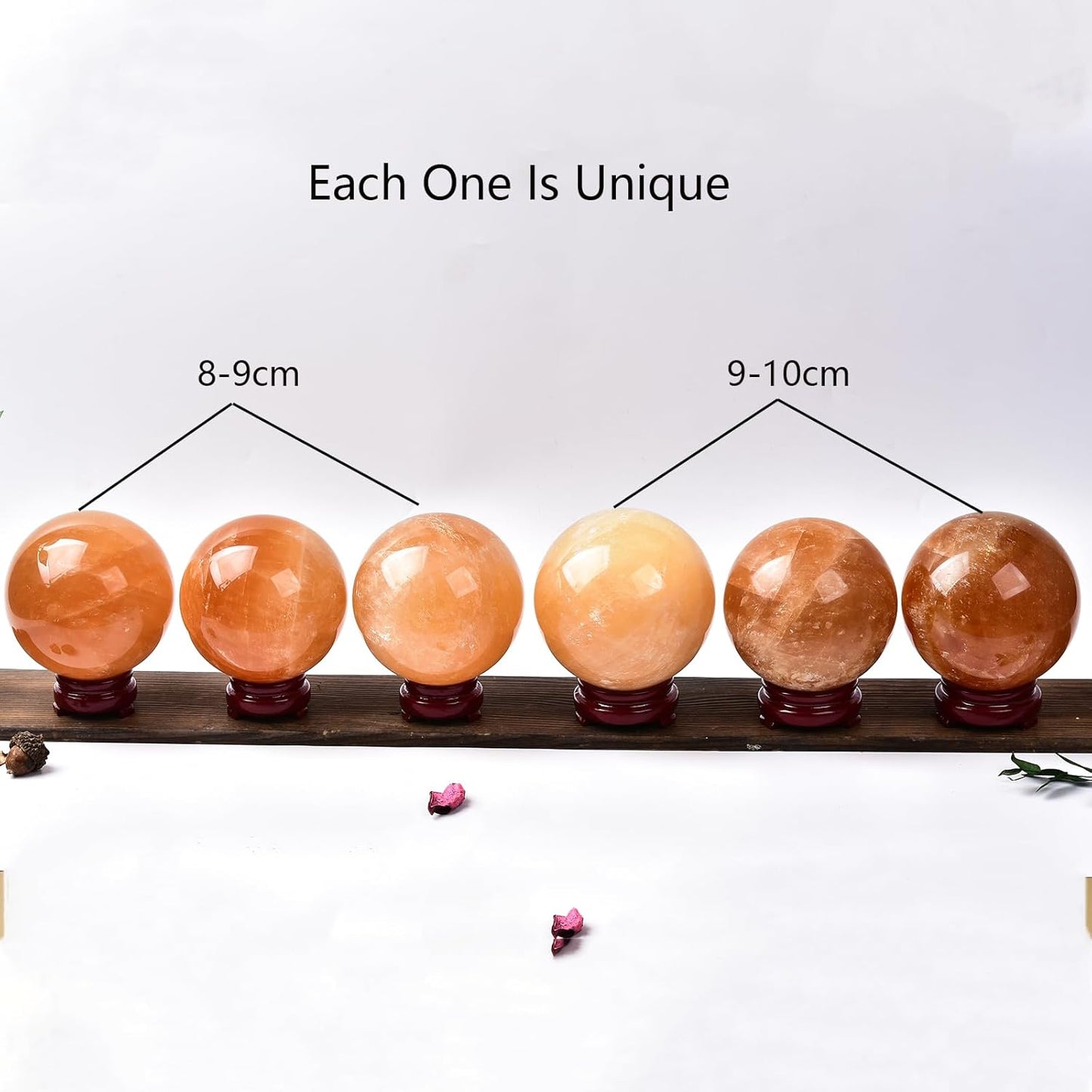 JIC Gem Stripe Orange Calcite Decorative Ball Healing Crystal Sphere with Wood Stand for Fengshui and Decoration (70-80mm)