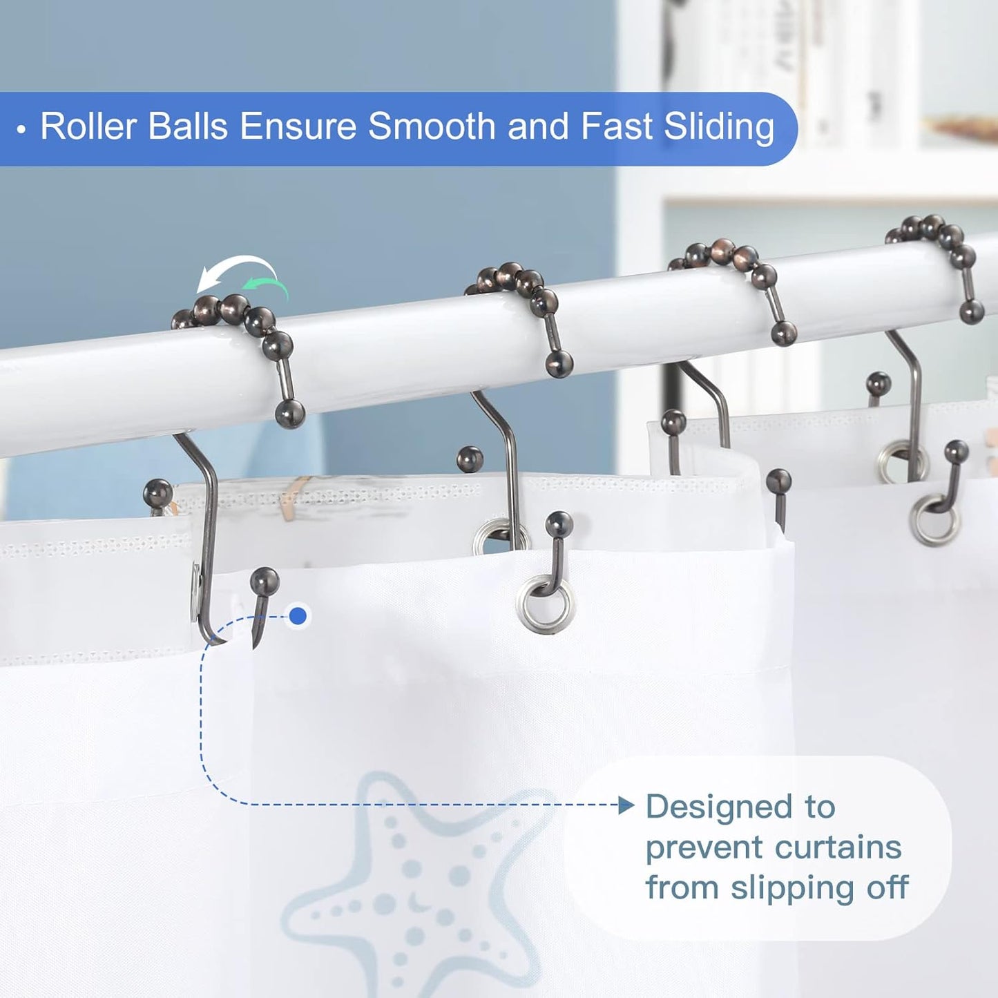 Shower Curtain Rings & Hooks, Rust-Resistant Stainless Steel, Easy Sliding Double Hooks for Curtains & Liners, 12pcs-Bronze