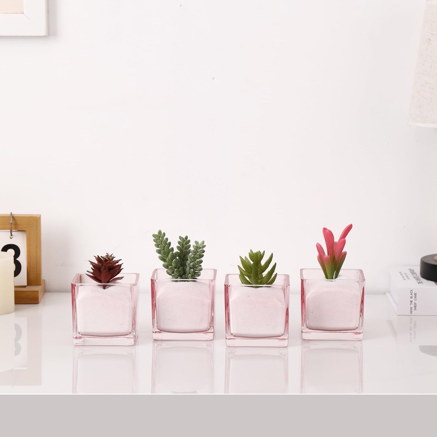 Square Flower Vases Set of 4, 3"x 3"x 3" Glass Vases for Centerpieces, Pink Vase for Flowers, Small Vase for Wedding, Party, Home Office Decoration