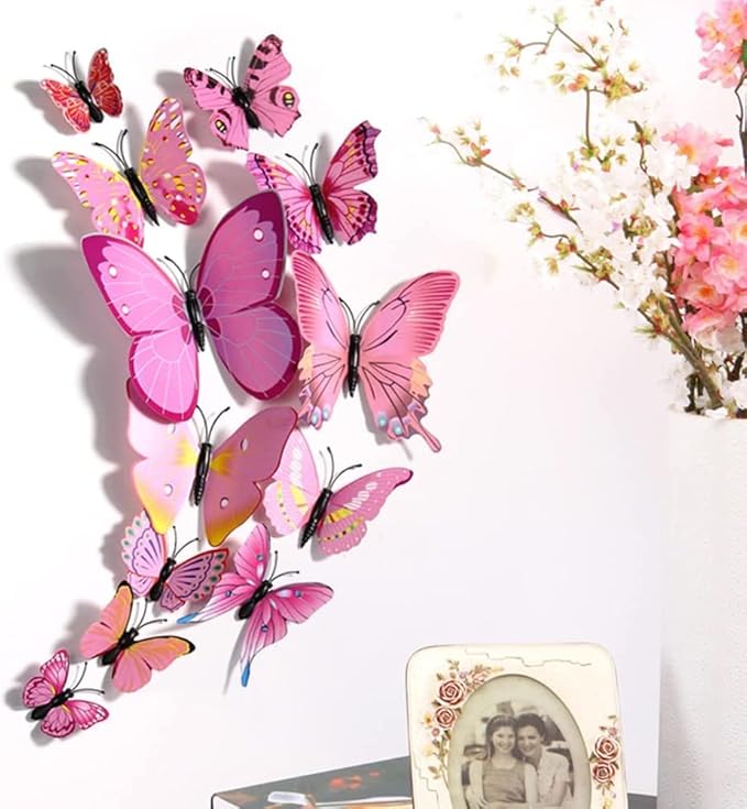12PCS Butterfly Wall Decals Removable 3D Pink Butterflies Sticker with Magnets for Home Bedroom Kids Room Decor (Double Layer-Pink/12PCS)