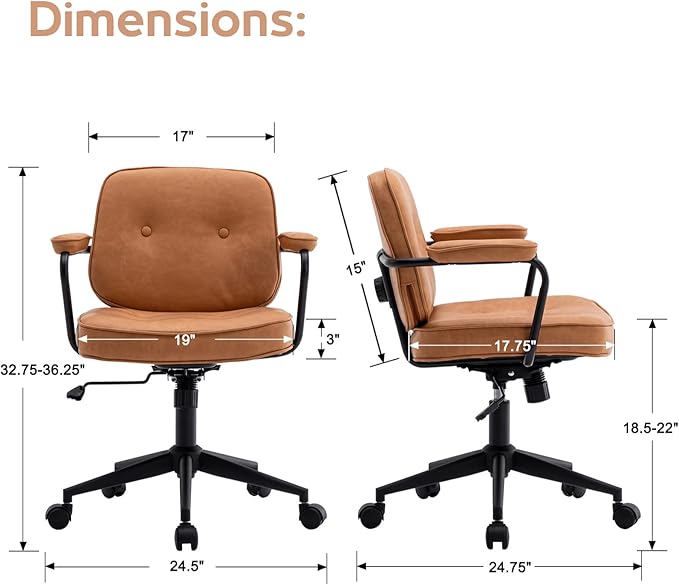 LukeAlon Adjustable Pu Leather Office Chair, Comfy 360° Swivel Task Chair with Armrest Modern Thickened Seat Desk Chair Tiltable Computer Chair with Button Tufted for Home Office, Light Brown