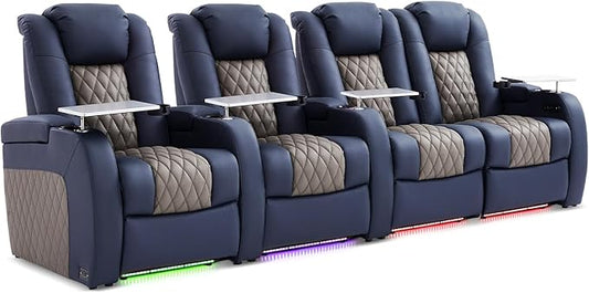 Home Theater Seating, Top Grain Leather Movie Seats Recliner Chair, Zero Gravity Reclining Gaming Sofa with Power Headrest 7 Colors Ambient Lighting 4 Seats Loveseat Right Blue Grey