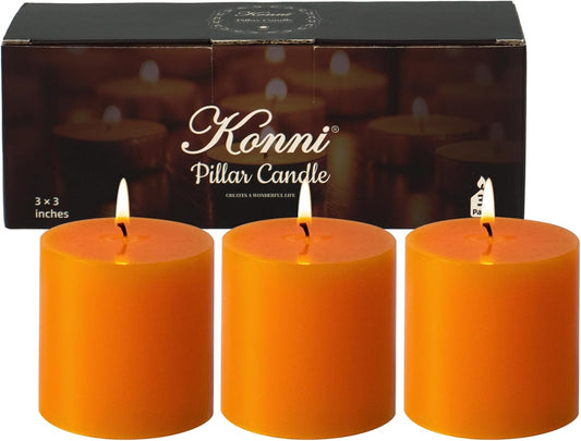 KONNI Orange Pillar Candles Set of 3, 3"x 3" Unscented Pillar Candles Bulk, 30 Hours Long Burning Candles, Smokeless&Dripless Large Round Candle for Wedding, Home Decoration, Parties, Spas, Dinner