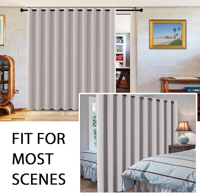 H.VERSAILTEX Blackout Curtains for Sliding Glass Door Room Divider Curtains Noise Reduce Curtain Panel Portable Window Screen Sliding Partition, W180 x L96 inches/8' Tall by 15' Wide, Stone