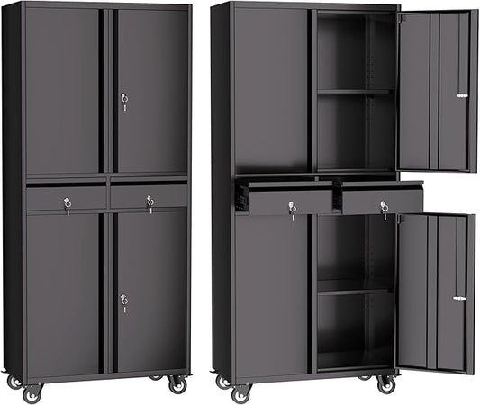 IDEALHOUSE Garage Storage Cabinet, 73 Inch Metal with Locking Doors and Adjustable Shelves, Heavy Duty Tool Cabinet with 2 Drawers