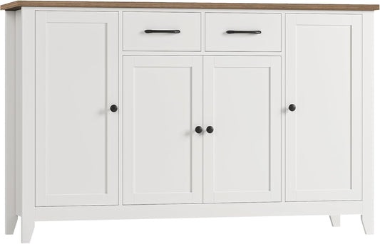 HORSTORS 55" Buffet Cabinet with Storage, Kitchen Buffet Sideboard with Drawers, Large Storage Cabinet with Doors and Shelves, Modern Farmhouse Coffee Bar for Kitchen, Dining Room, Living Room, White