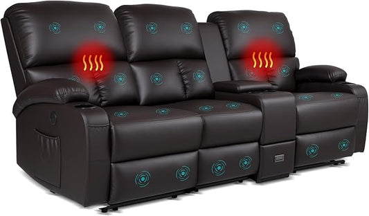 Home Theater Seating,RV Recliner Sofa with Massage and Heat,RV Manual Recliner Loveseat with USB/Cup Holders and Side Pocket for Living Room,3 Loveseat Brown