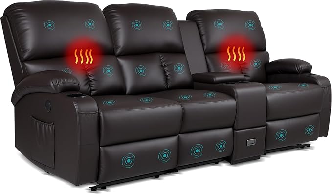 Home Theater Seating,RV Recliner Sofa with Massage and Heat,RV Manual Recliner Loveseat with USB/Cup Holders and Side Pocket for Living Room,3 Loveseat Brown