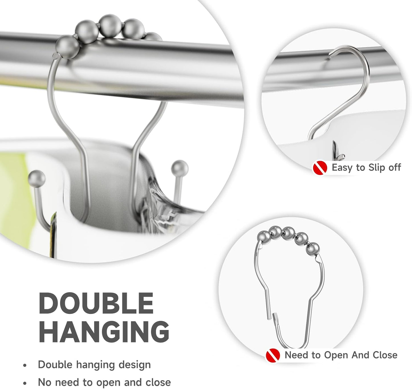 Shower Curtain Hooks Silver, Bathway Shower Curtain Rings Rust Proof, Shower Hooks for Shower Curtain Balanced Smooth Glide Double Shower Curtain Hooks, 12 Pcs