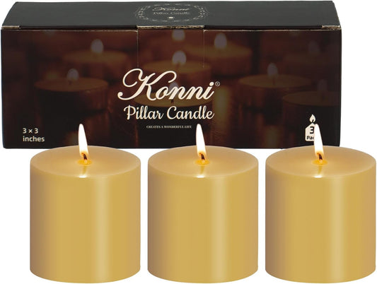 KONNI Mustard Yellow Pillar Candles Set of 3, 3"x 3" Unscented Pillar Candles Bulk, 30 Hours Long Burning Candles, Smokeless&Dripless Large Round Candle for Wedding, Home Decoration, Parties