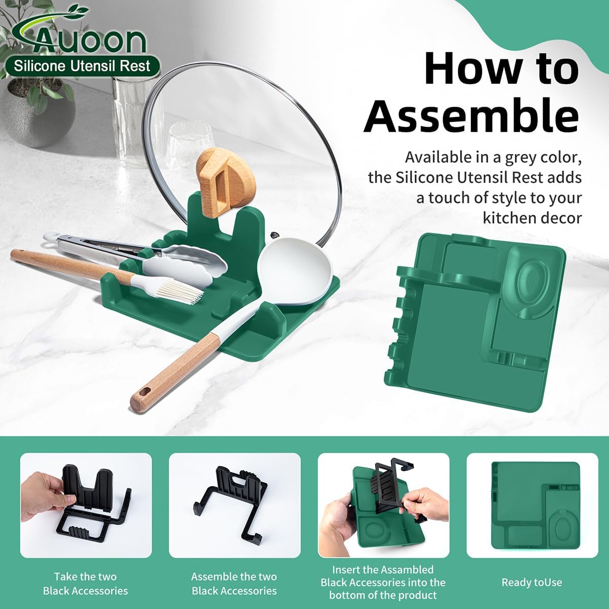 AUOON Spoon Holder for Stove - Silicone Spoon and Lid Rest with Drip Pad Kitchen Utensil Rest for Spoons, Ladles, Spatulas, Tongs & More (Sea Blue, Large)