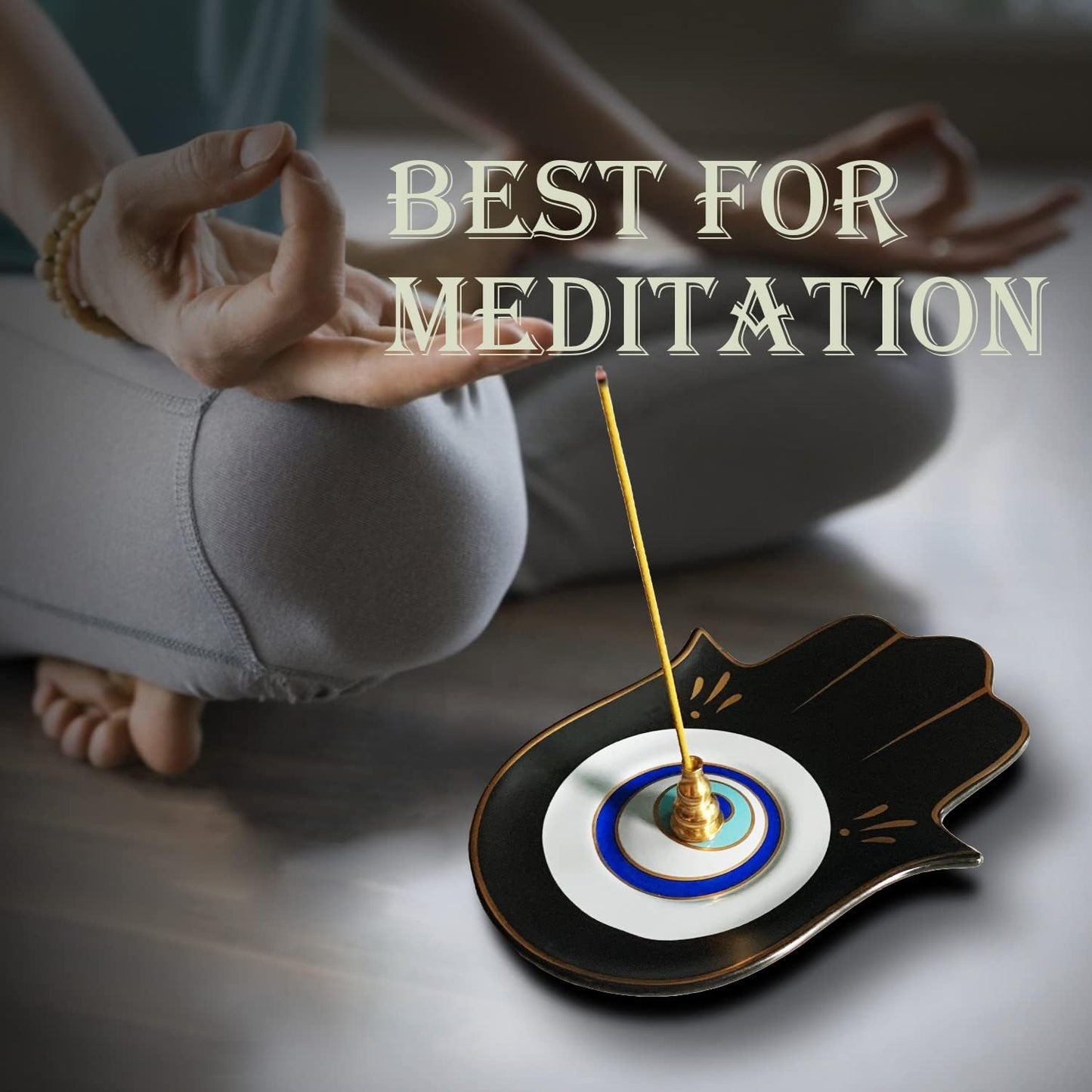 Ceramic Hamsa Hand Incense Holder - 2 in 1 Brass Incense Holder for Sticks and Coil Incense- Zen Decor with Hand of Fatima Design Protection from Evil - 6.2" L X 4.5" W (Blackeye)