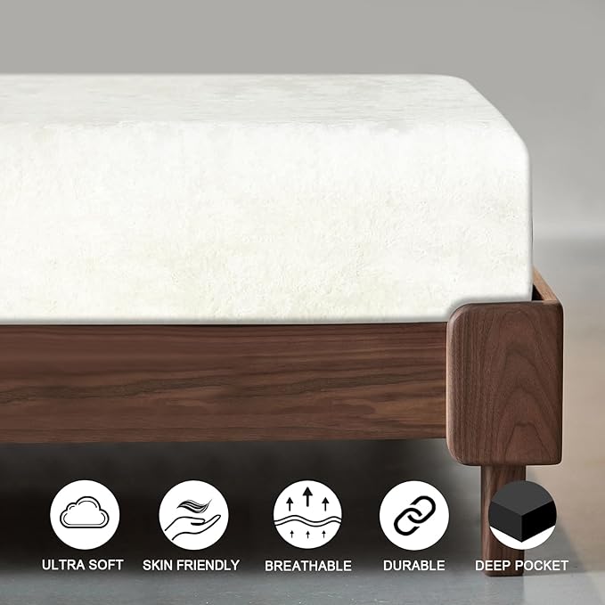PHF Truly Velvet Fitted Sheet Only King Size, Luxury Super Soft Cozy Fuzzy Fleece Bottom Sheet, Deep Pocket Up to 16",Strenghth Elastic Band, Suitable for Fall Winter Spring, No Pillowcases,Snow White