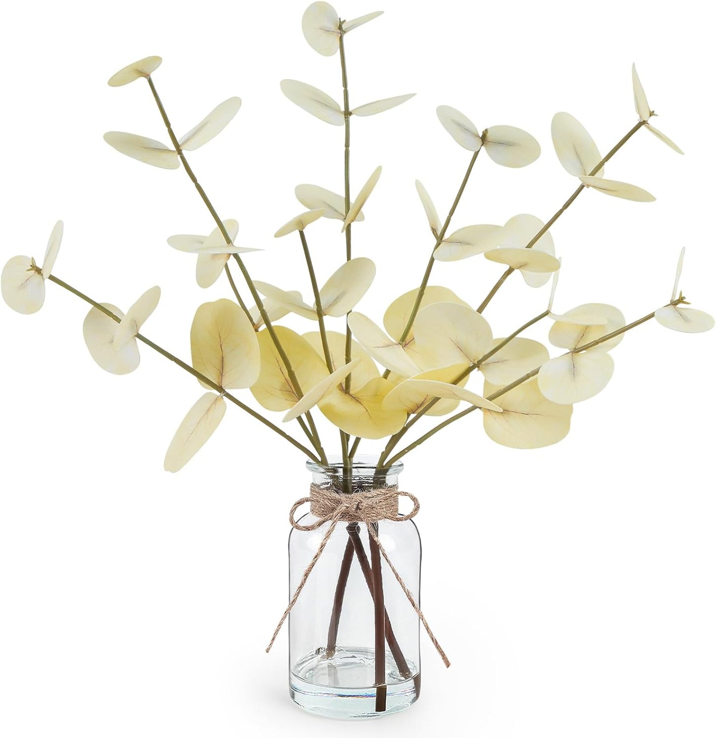 Artificial Eucalyptus Stems in Glass Vase with Faux Water, 14" Fake Plants for Home Decor, Coffee Table Centerpieces, Office, Bathroom & Farmhouse Weddings - Faux Plants Decorations