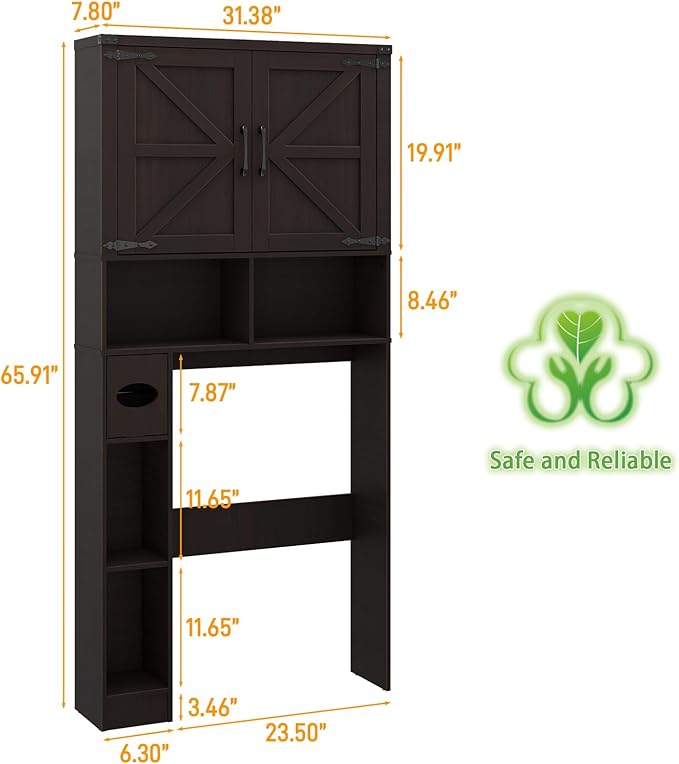 Over The Toilet Storage Cabinet, Farmhouse Storage Cabinet Over Toilet with Barn Doors & Toilet Paper Holder Stand，Home Space-Saving Toilet Rack, for Laundry, Bathroom, Restroom(Espresso).
