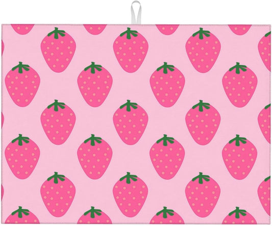 Absorbent Dish Drying Mat For Kitchen Counter, Strawberry Pink Fruit Microfiber Dish Drying Pad, Kitchen Gadgets For Easy Clean Multi-Use