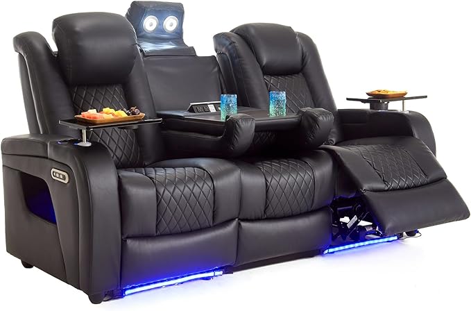 Home Theater Seating Seats with Lighting Armrest, Movie Theater Chairs Theater Recliner with 7 Colors Ambient Lighting, Lumbar Pillow, Touch Reading Lights, Tray Table, Power Recline,Black
