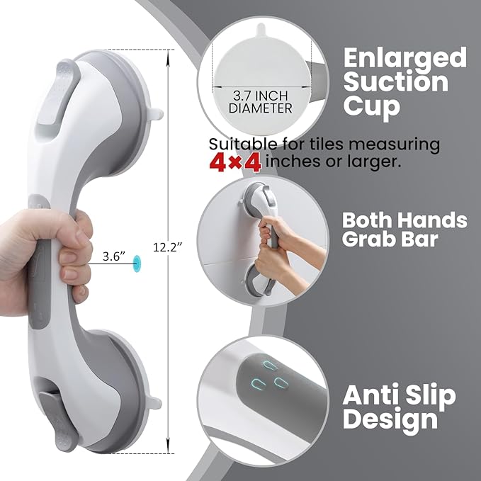 TAILI Shower Grab Bar, 2 Pack 12 Inch Suction Grab Bars for Bathtubs and Showers for Elderly, Shower Handle for Seniors Bathroom Safety Grip, No Drilling Removable,Grey