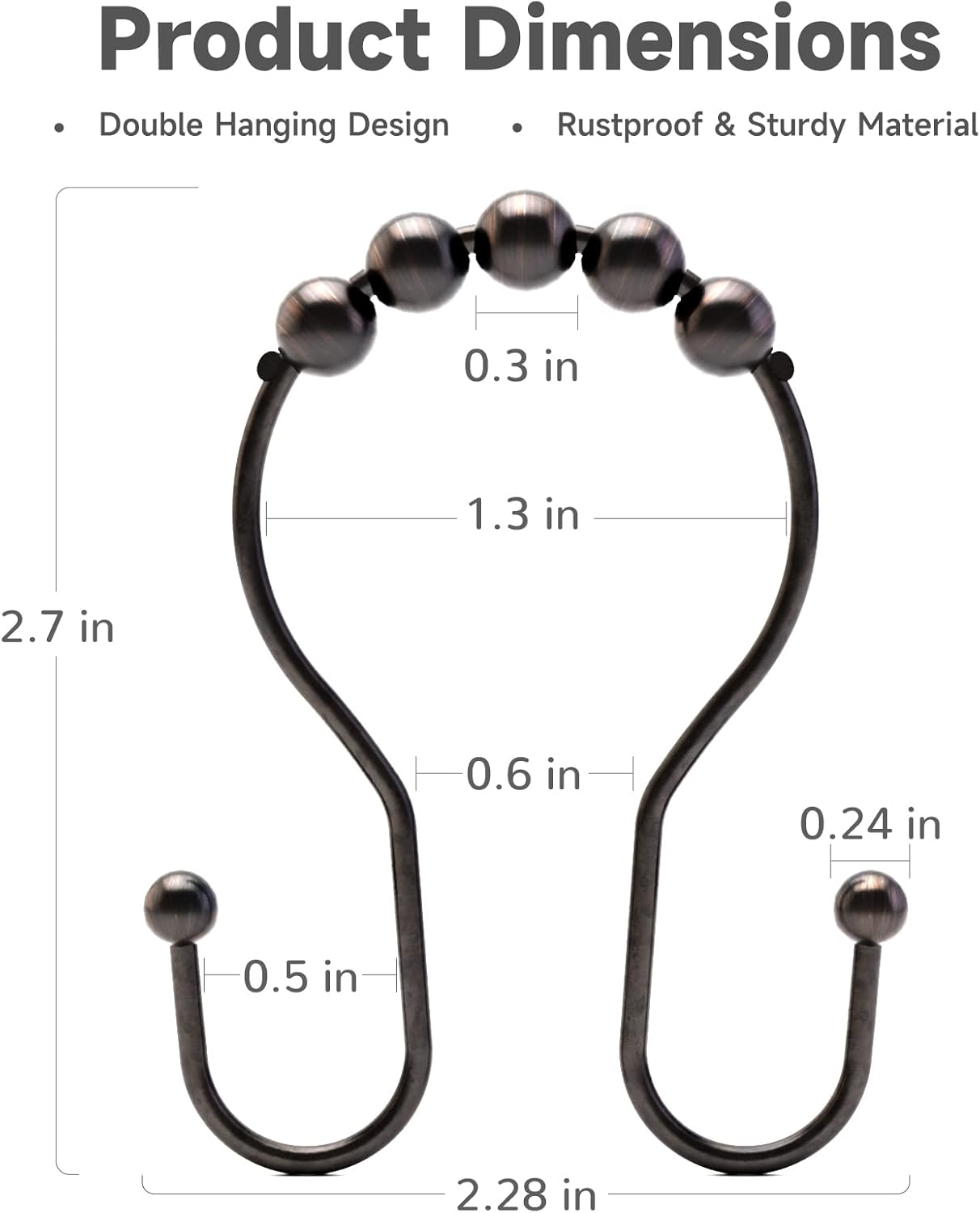 Shower Curtain Hooks Bronze Shower Curtain Rings Rust Proof Double Hook Shower Curtain Hooks, 12 Pcs Shower Hooks for Shower Curtain, Shower Rings for Curtain Bathroom, Metal Shower Rod Hooks