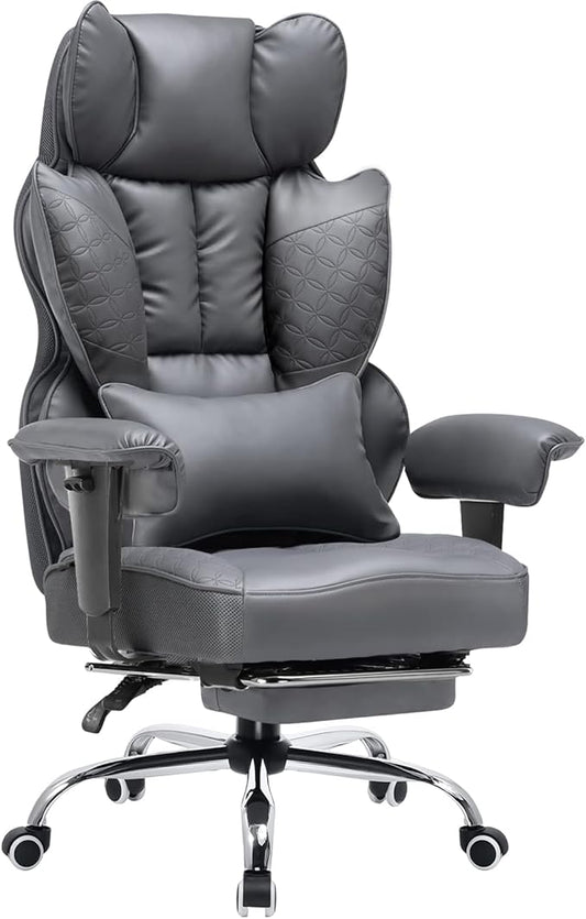 COMHOMA Big and Tall Office Chair 400LBS Wide Ergonomic Gaming Chair with Deluxe Embossing Designed Leather with Foot Rest,150°Reclining Adjustable Armrests Pocket Spring Back Support and Pillow