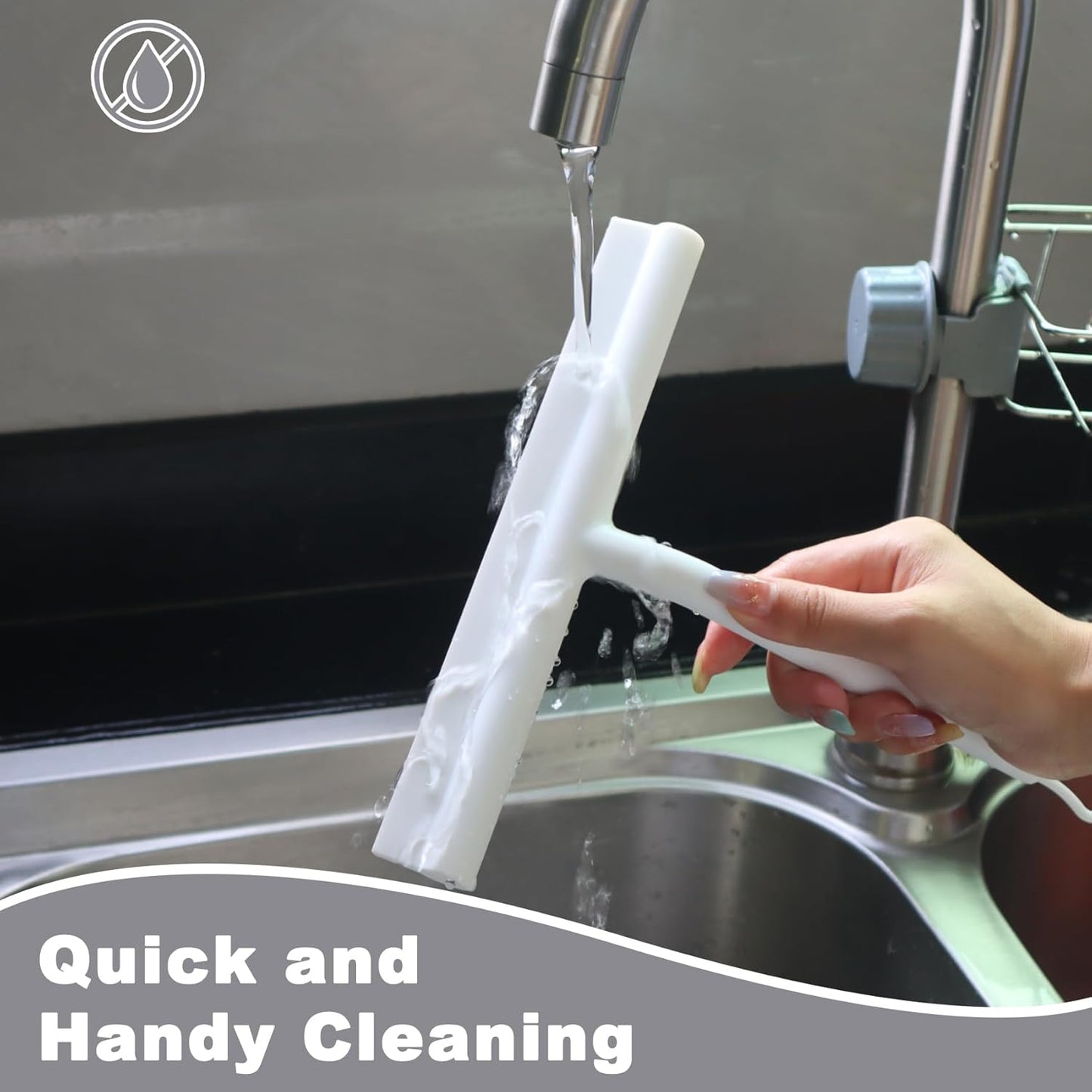 Squeegee for Shower Glass Doors, Resilient Loop - No-Drill & Adhesive Hook, Silicone Shower Squeegee with Stainless Steel Core, Cleaning Tool for Home, Kitchen, Bathroom & Car - White