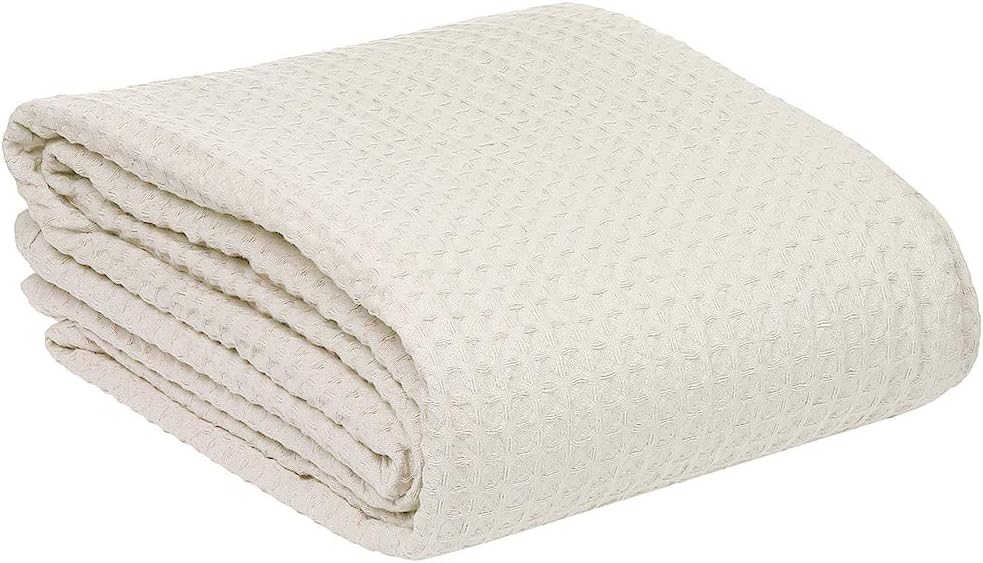 HILLFAIR 100% Combed Cotton Blanket– Twin Size Bed Blankets– Warm Soft All Season Breathable Lightweight Summer Blankets– Waffle Weave Home Decor Bed Blanket- Ivory Twin Bed Cotton Blankets/Bedcovers