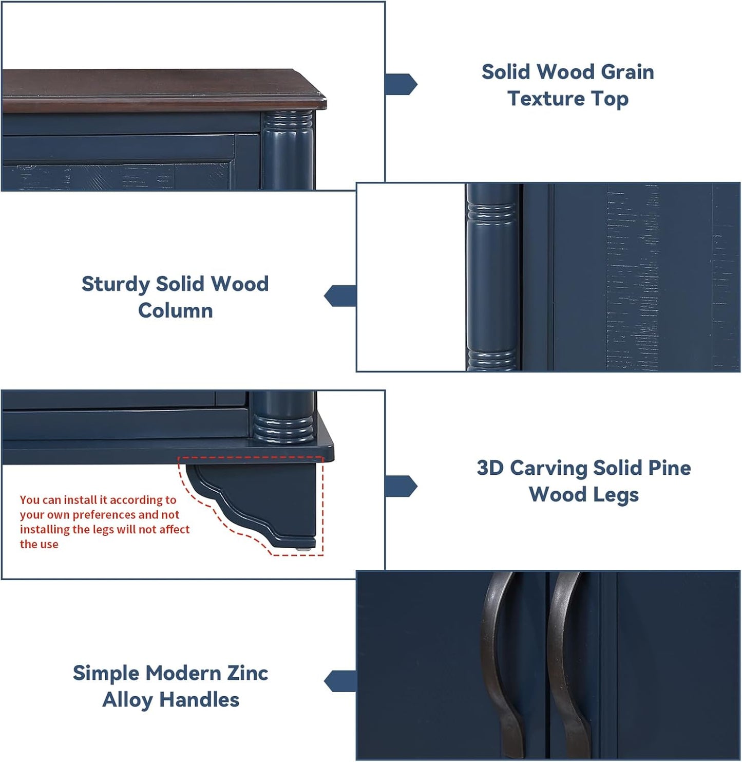 HMFULE 40" Sideboard Buffet Storage Cabinet, Retro Console Table with Solid Wood Feet Adjustable Shelf & 2 Doors for Kitchen Dining Room Living Room (Navy Blue)